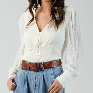 Lucca Los Angeles Cream Cobra Button Front V-Neck Long Sleeve Blouse Size S